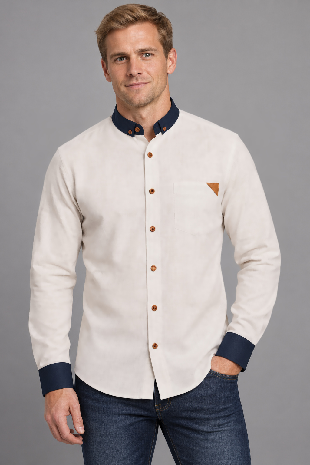SHANY-SHIRT-002-C5106-front-v11 Navy Band Collar Contrast Shirt - Image 1